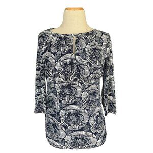 Ann Taylor Top Women Medium 3/4‎ Sleeve 90's Navy White Stretchy Business Casual